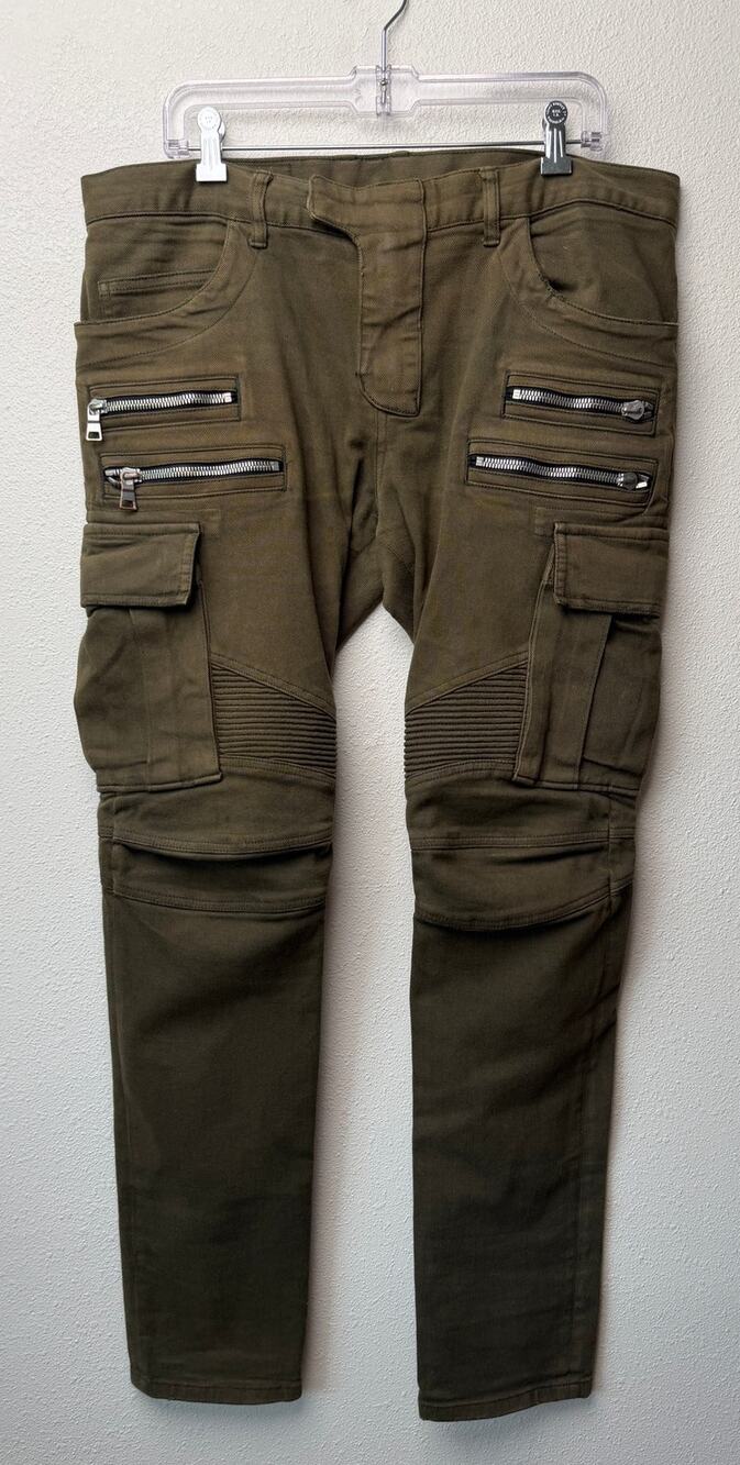 Balmain Olive Biker Cargo Pants Men's 34